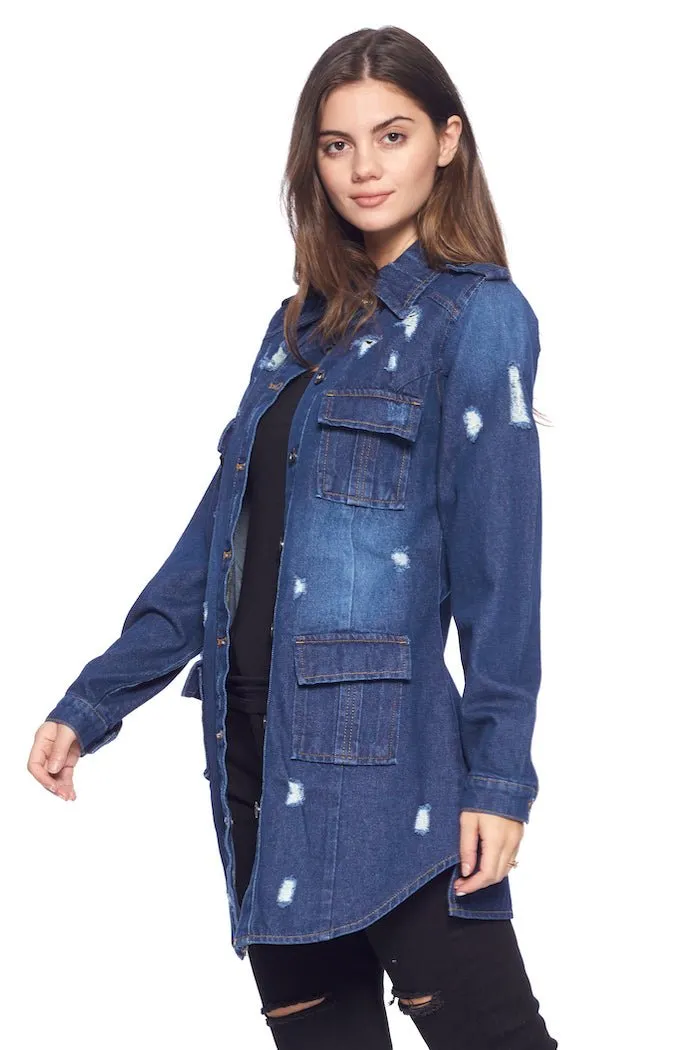 [Blue Age] Womens Destroyed Denim Jacket with Four Pockets