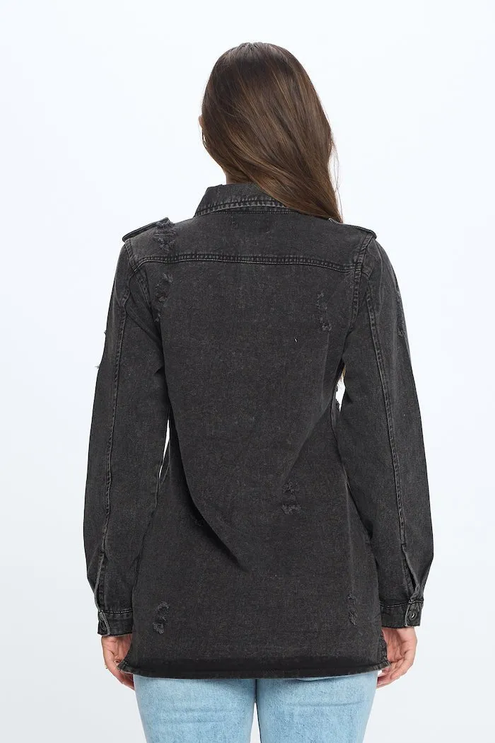 [Blue Age] Womens Destroyed Denim Jacket with Four Pockets