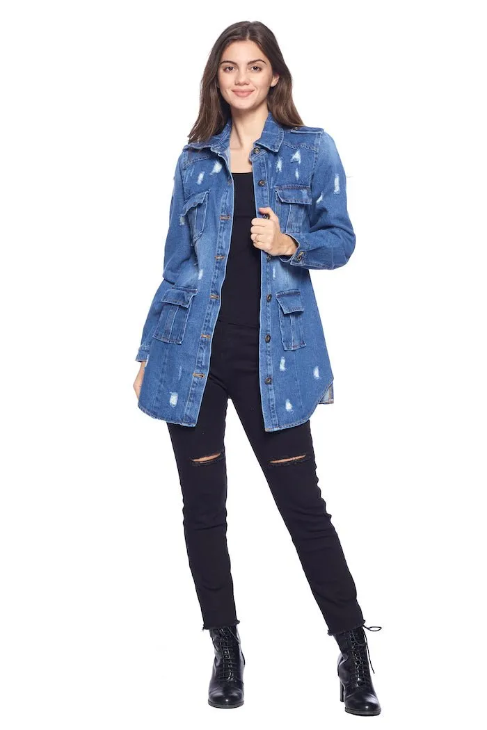 [Blue Age] Womens Destroyed Denim Jacket with Four Pockets