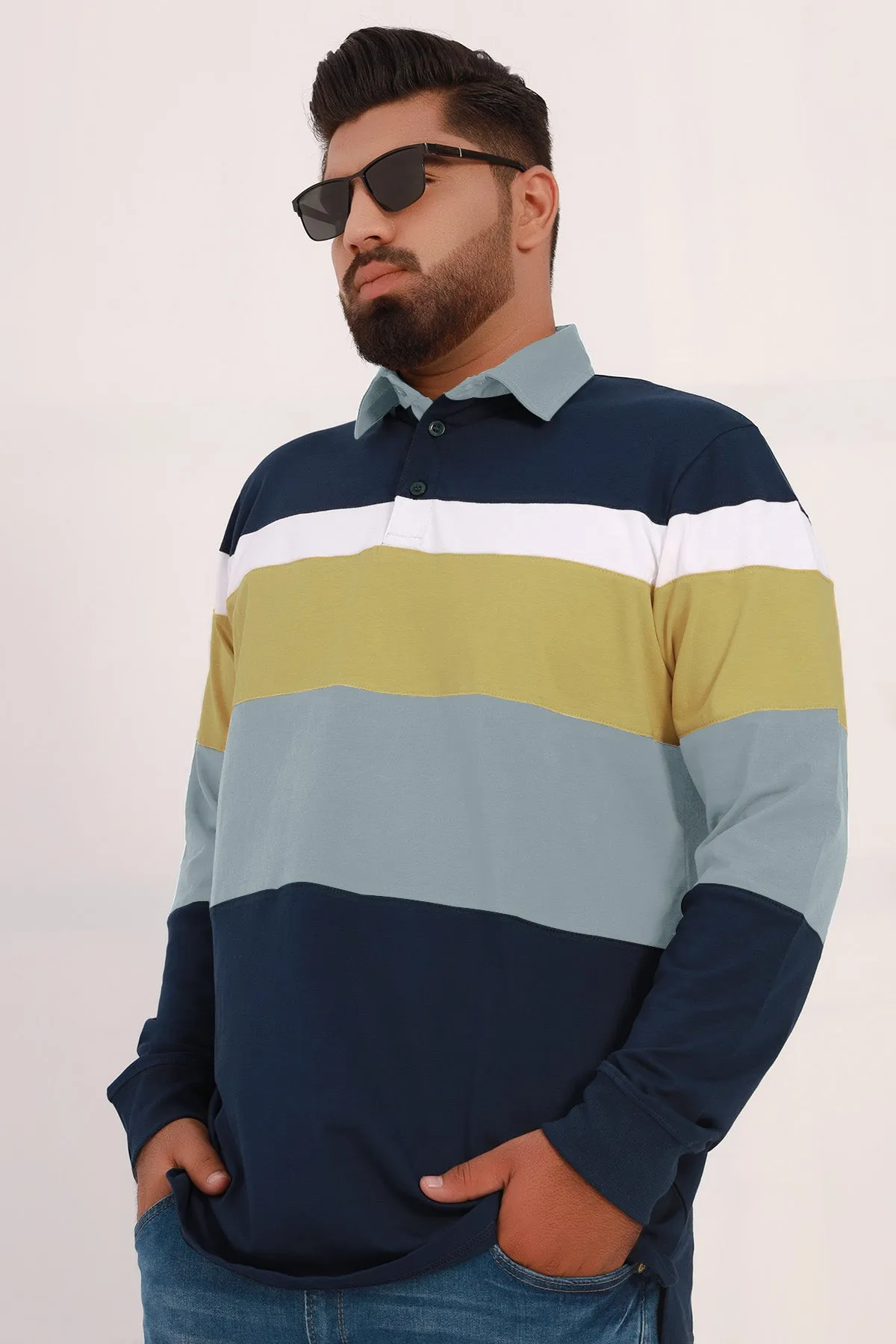 Blue & Olive Tri Color Rugby Polo Shirt (Plus Size) - W22 - MP0124P