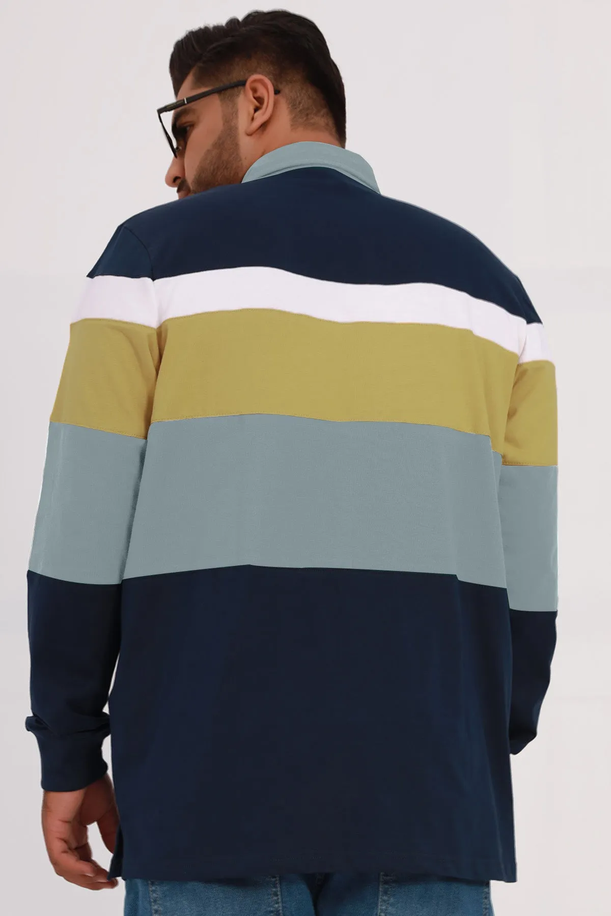Blue & Olive Tri Color Rugby Polo Shirt (Plus Size) - W22 - MP0124P