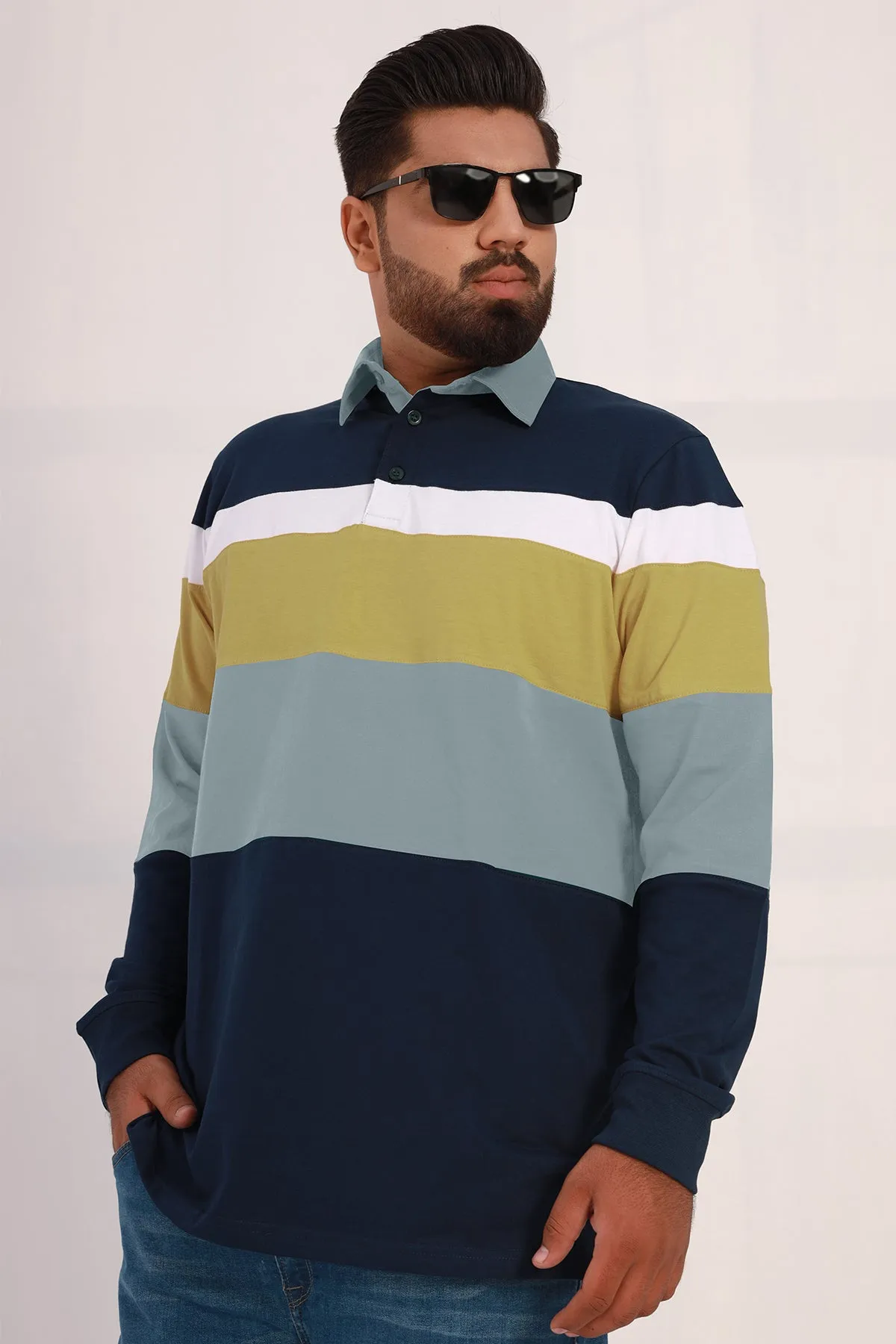 Blue & Olive Tri Color Rugby Polo Shirt (Plus Size) - W22 - MP0124P