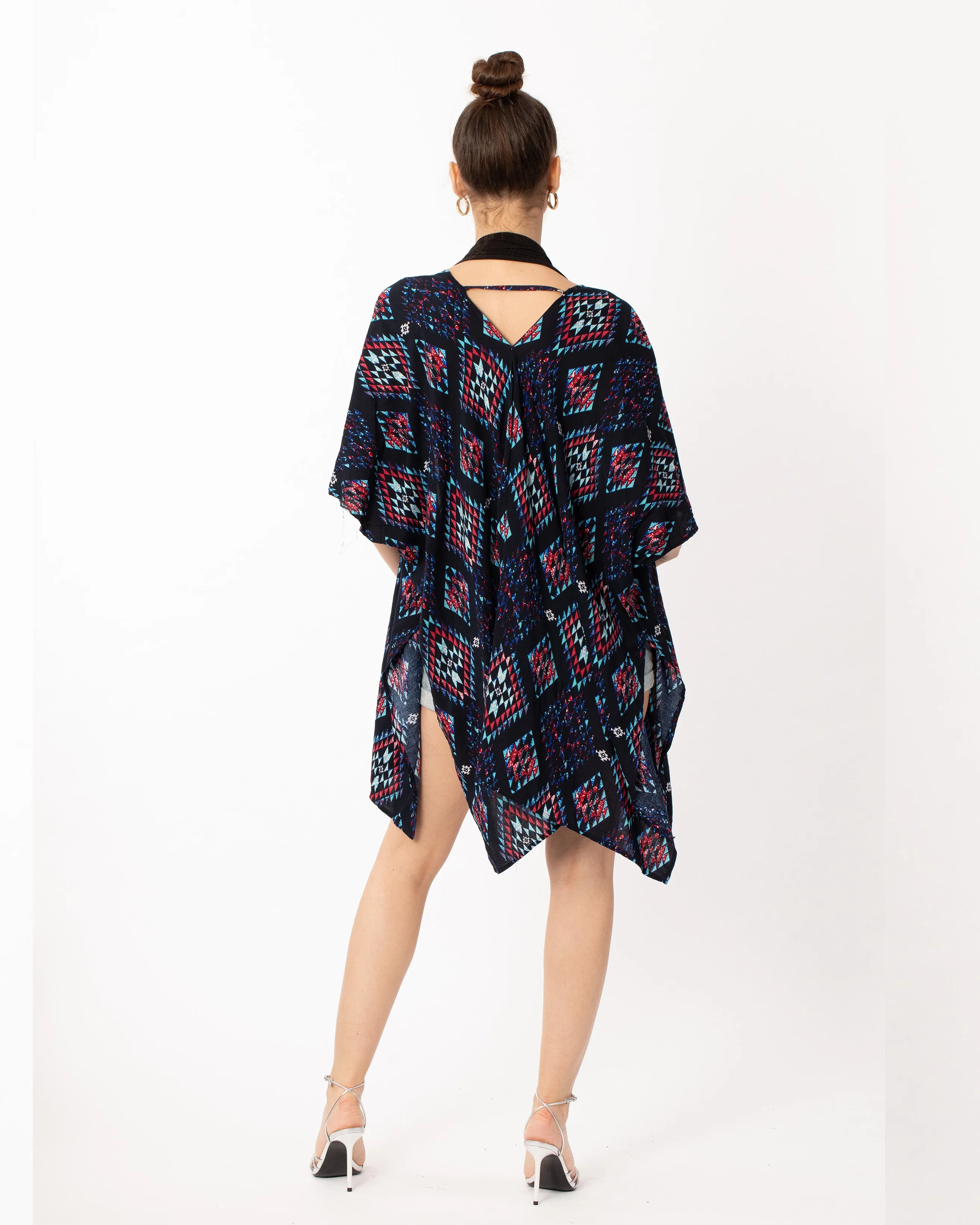 Blue Aztec Tile Print Cotton Long Kimono Cardigan
