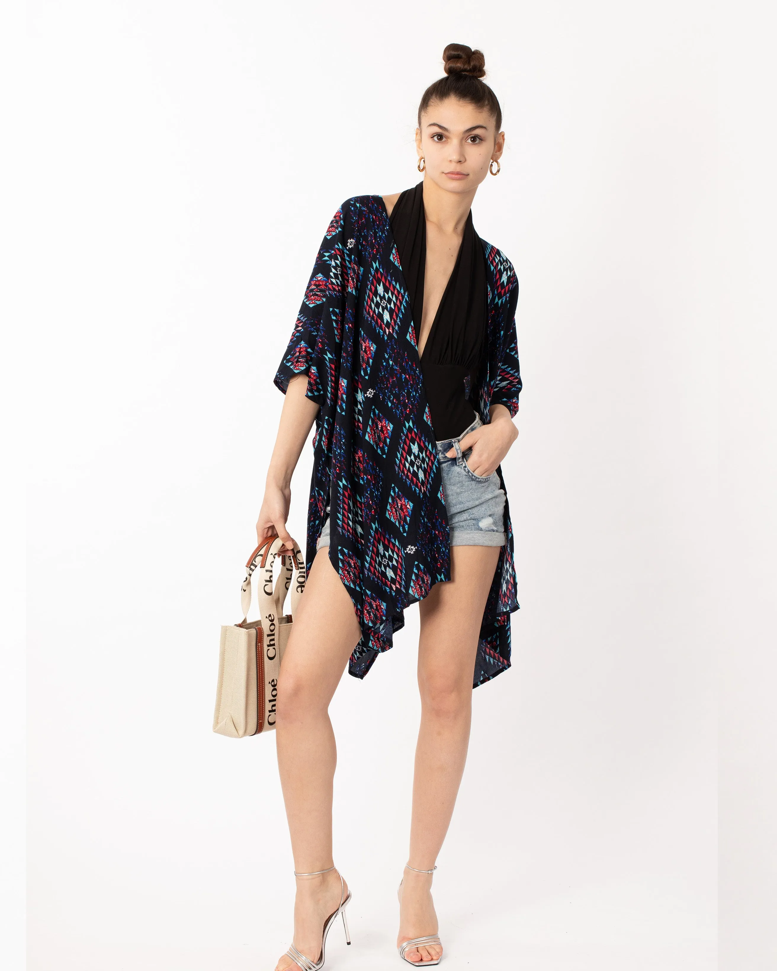 Blue Aztec Tile Print Cotton Long Kimono Cardigan
