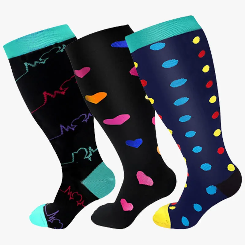 Blue Dot Heart Plus Size Compression Socks(3 Pairs)