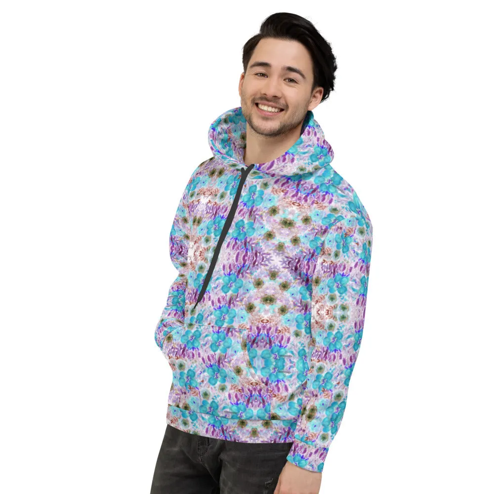 Blue Floral Print Men's Sweatshirt, Best Flower Print Unisex Hoodie Form Men and Women-Made in EU