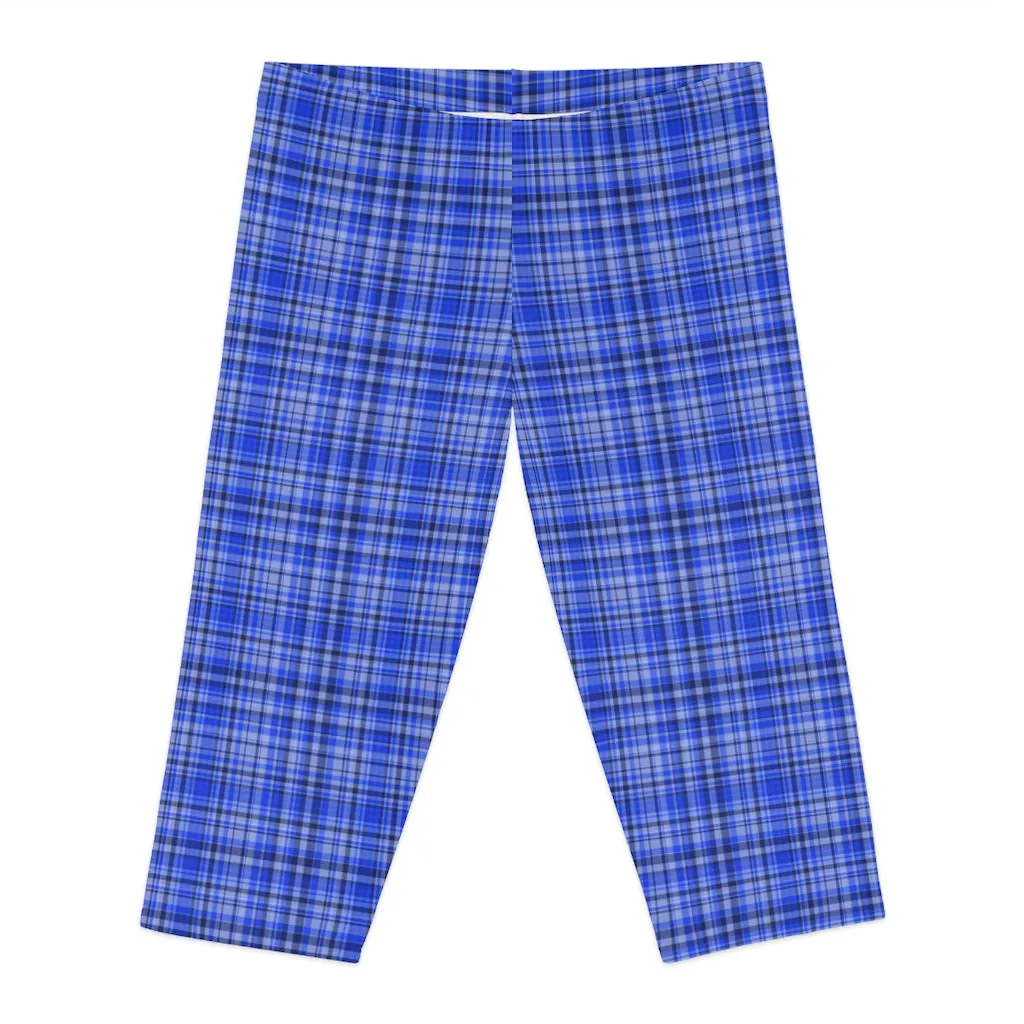 Blue Plaid Women's Capri Leggings, Knee-Length Polyester Capris Tights-Made in USA (US Size: XS-2XL)