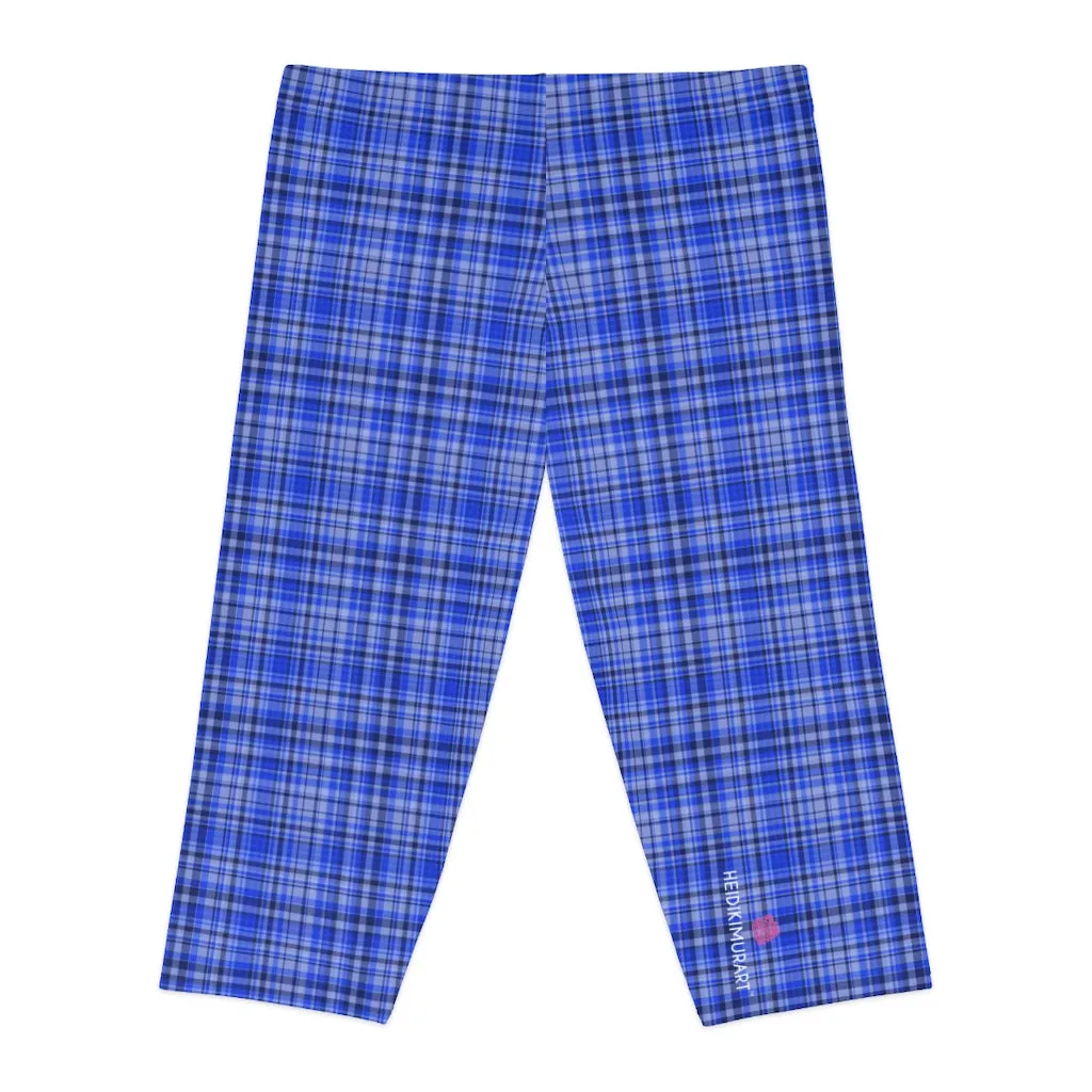 Blue Plaid Women's Capri Leggings, Knee-Length Polyester Capris Tights-Made in USA (US Size: XS-2XL)
