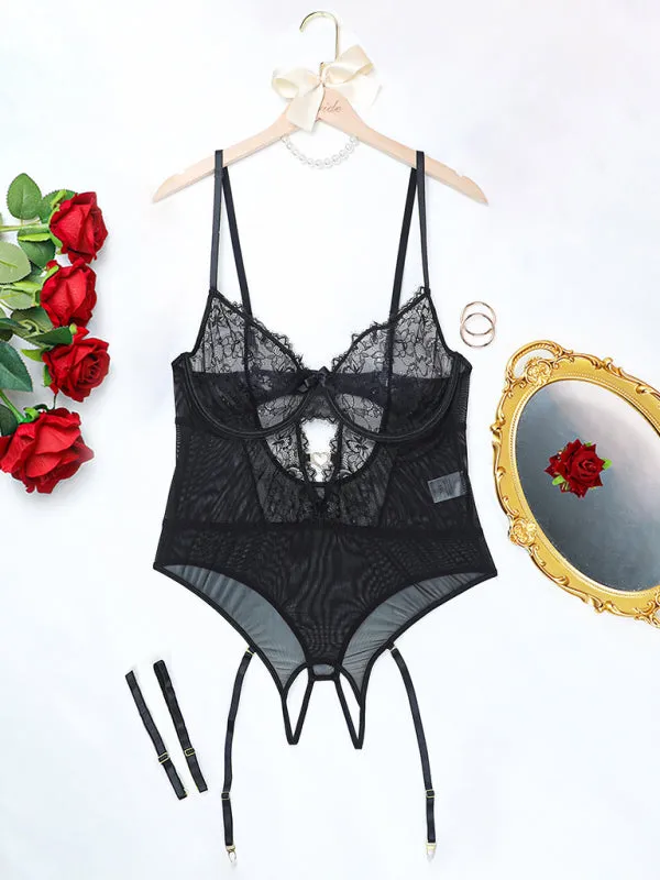 Blue Zone Planet |  Eve's Plus Size Eyelash Lace Bodysuit Lingerie Set