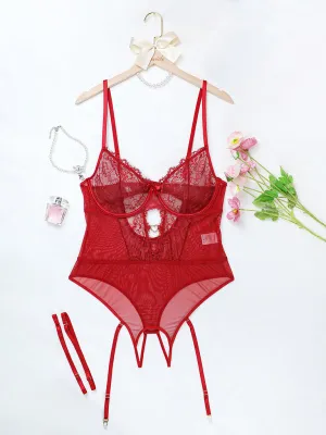 Blue Zone Planet |  Eve's Plus Size Eyelash Lace Bodysuit Lingerie Set