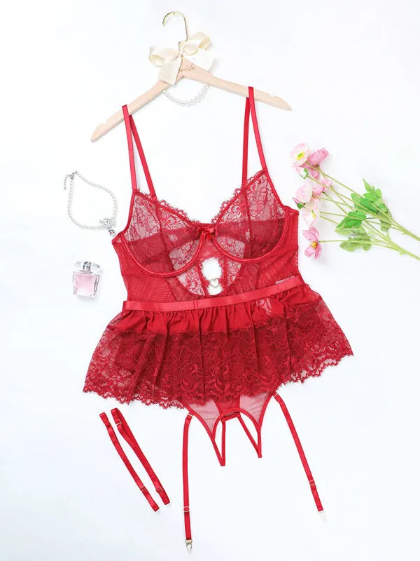 Blue Zone Planet |  Eve's Plus Size Eyelash Lace Bodysuit Lingerie Set
