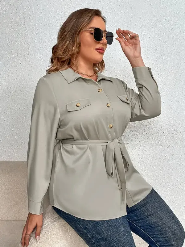 Blue Zone Planet |  Ivy's Plus Size Tie Lapel Cardigan Shirt Jacket