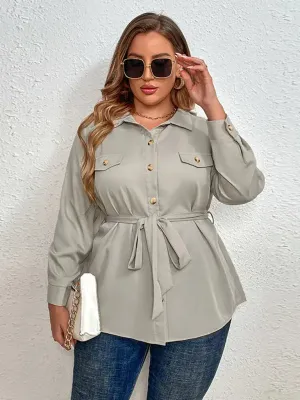 Blue Zone Planet |  Ivy's Plus Size Tie Lapel Cardigan Shirt Jacket