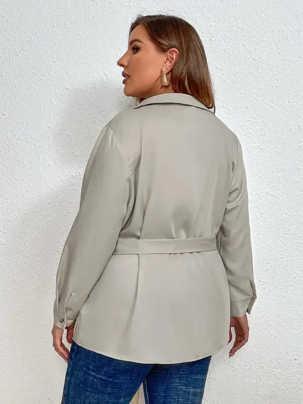 Blue Zone Planet |  Ivy's Plus Size Tie Lapel Cardigan Shirt Jacket