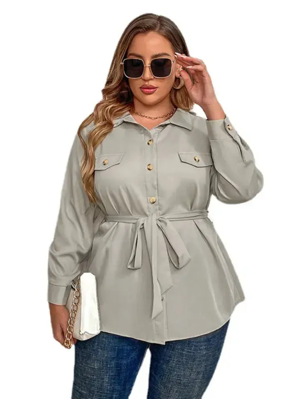 Blue Zone Planet |  Ivy's Plus Size Tie Lapel Cardigan Shirt Jacket