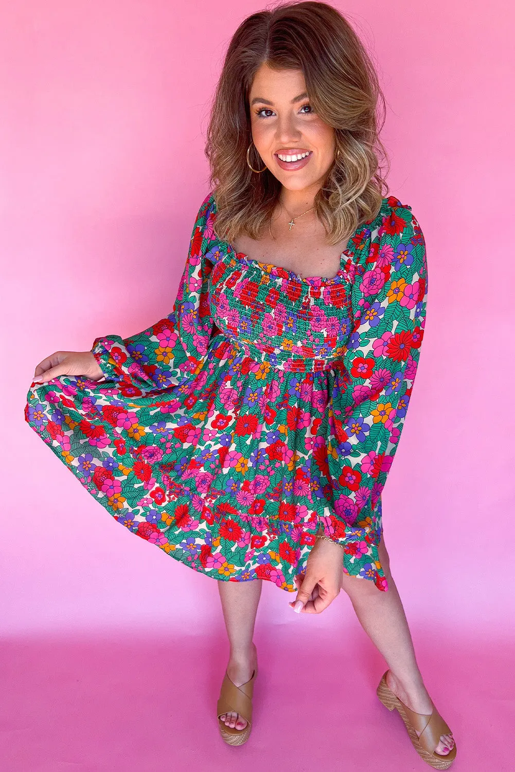 Blue Zone Planet |  Plus Size Frill Square Neck Floral Shirred Mini Dress