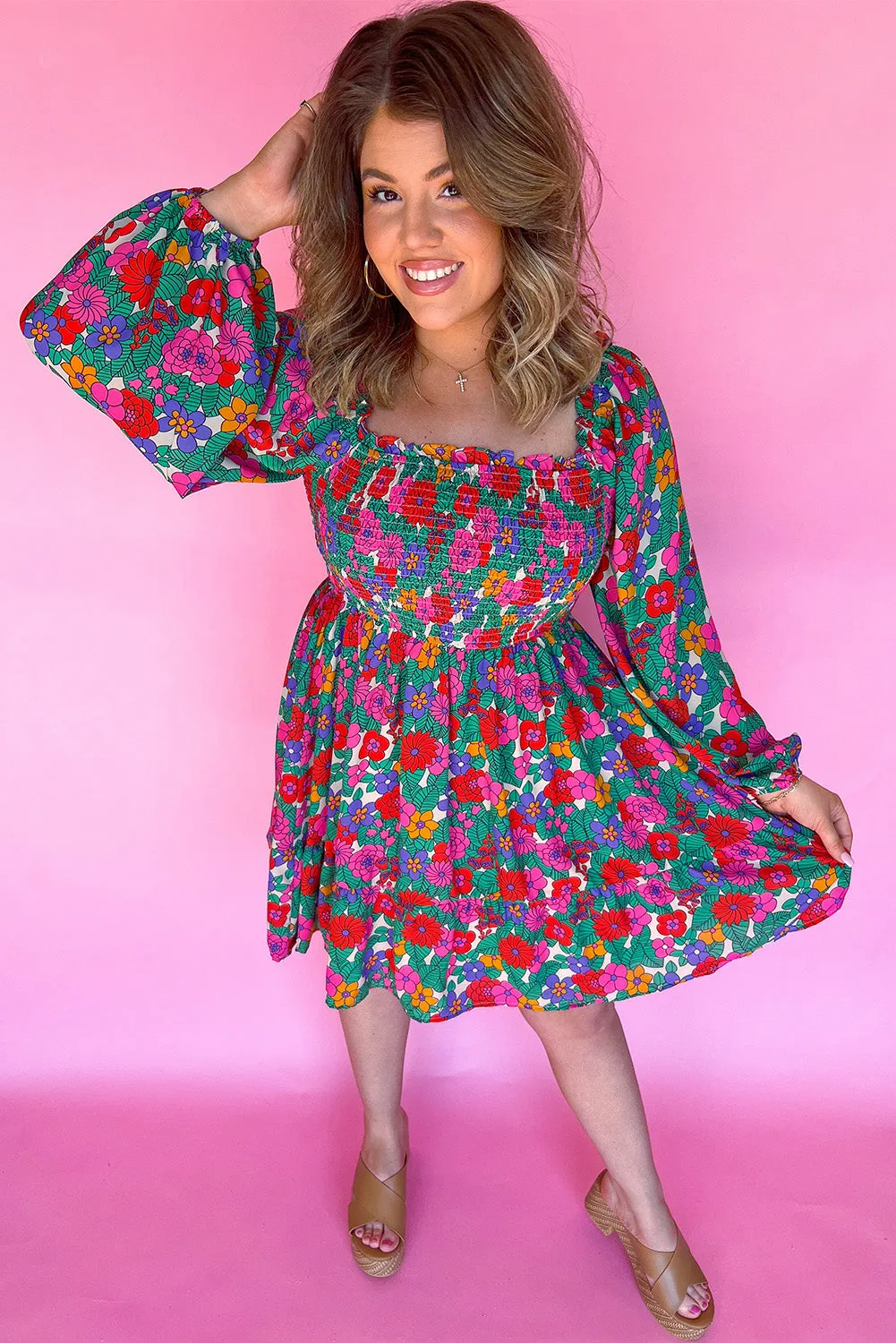 Blue Zone Planet |  Plus Size Frill Square Neck Floral Shirred Mini Dress