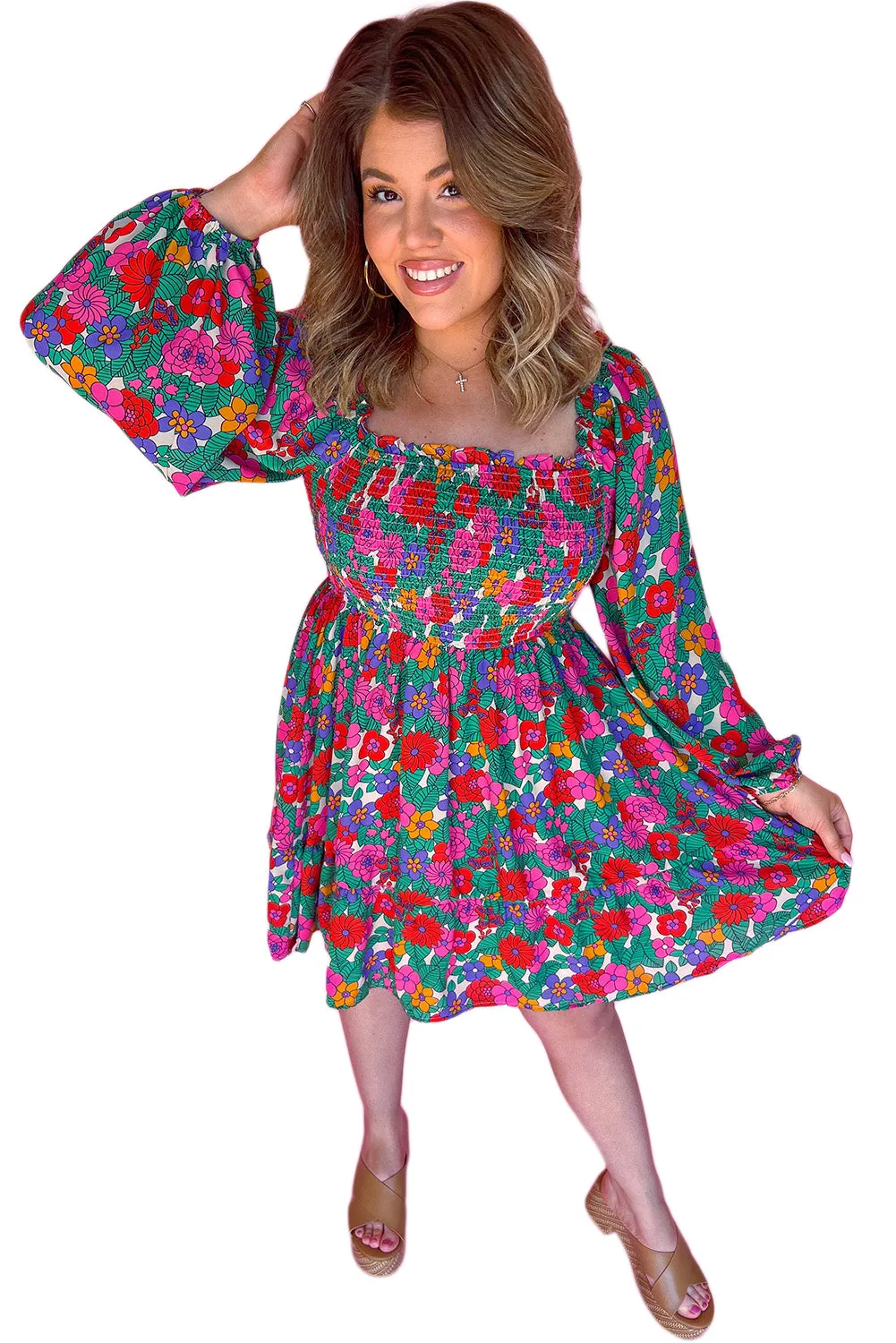 Blue Zone Planet |  Plus Size Frill Square Neck Floral Shirred Mini Dress