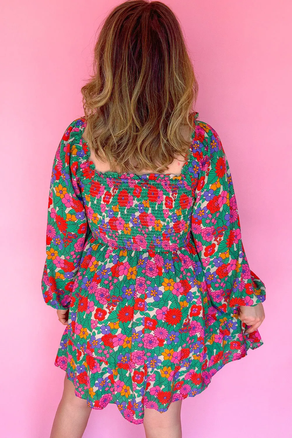 Blue Zone Planet |  Plus Size Frill Square Neck Floral Shirred Mini Dress