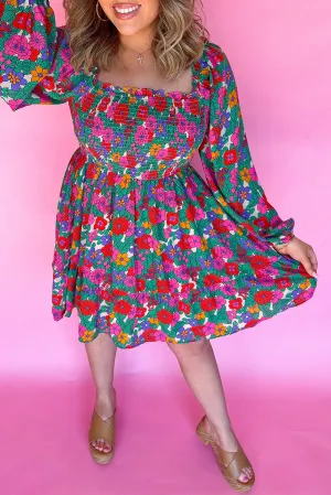 Blue Zone Planet |  Plus Size Frill Square Neck Floral Shirred Mini Dress