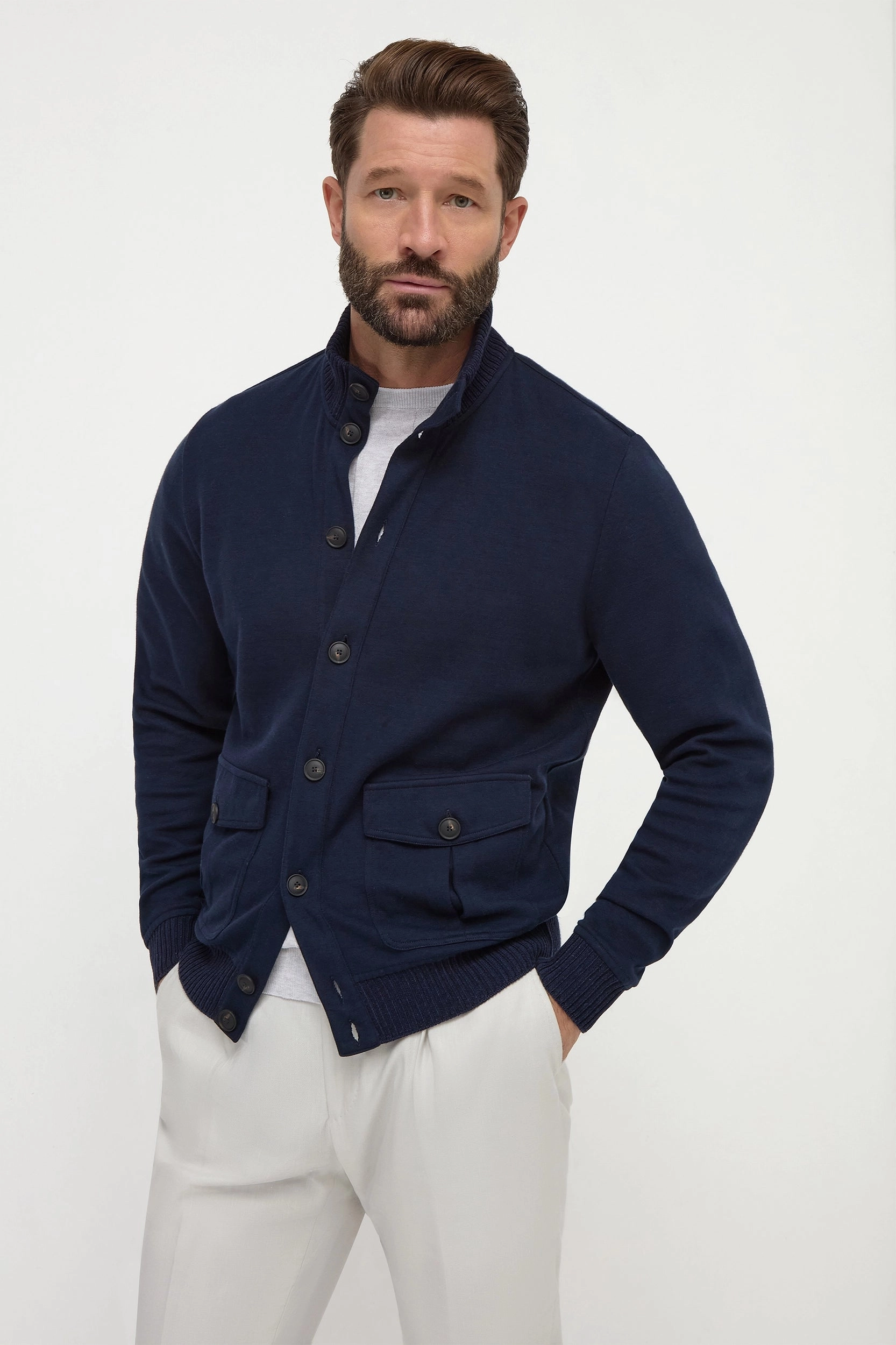 Blue cotton knitted bomber ?C Made in Italy