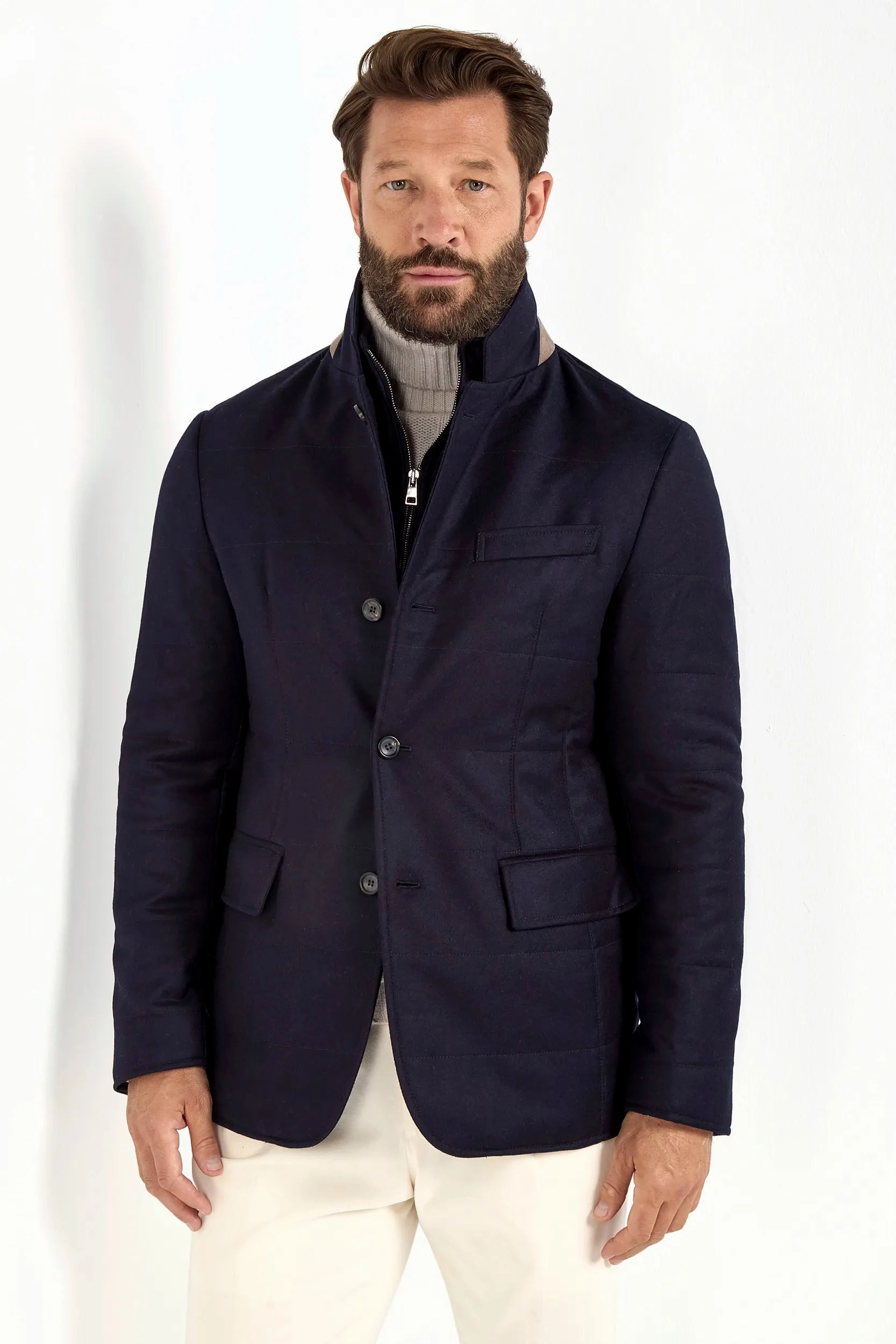 Blue down jacket in wool & cashmere ?C Made in Italy