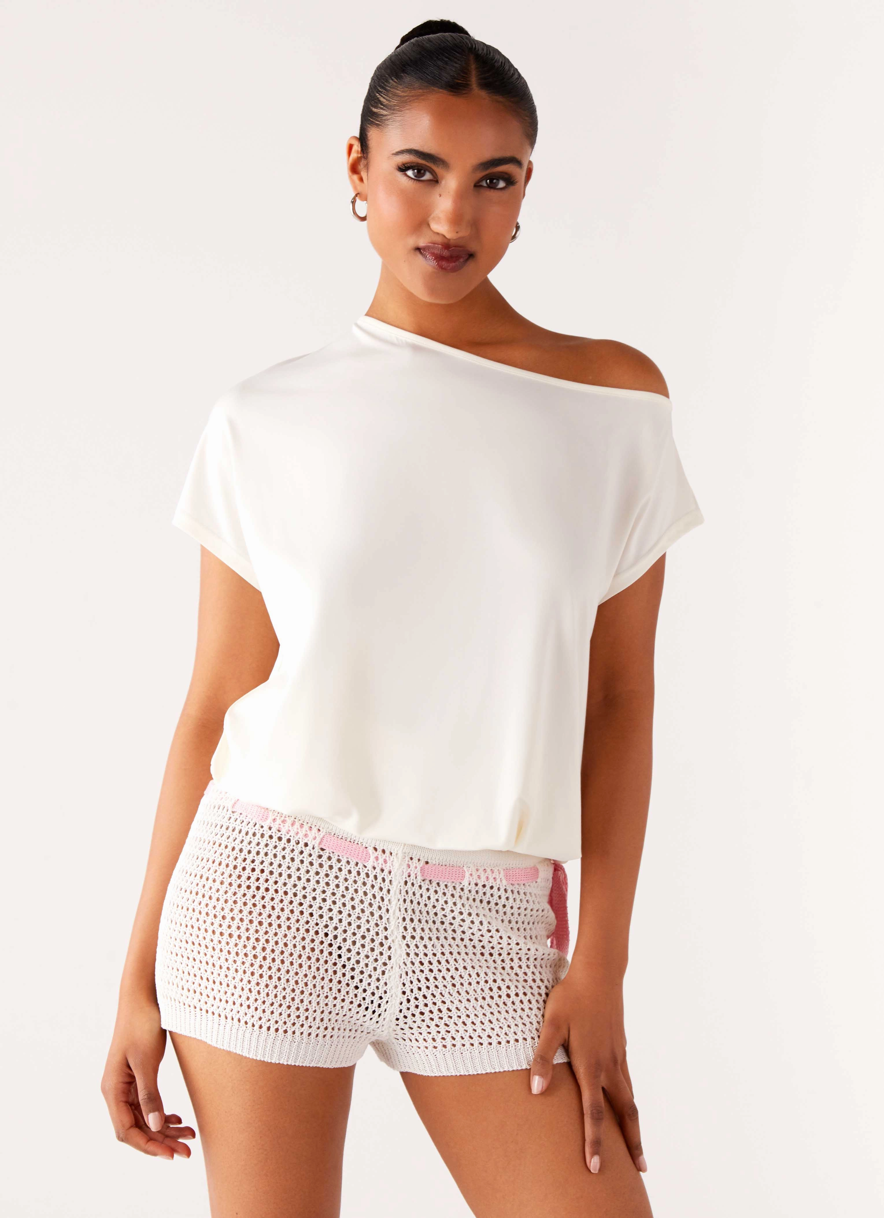 Mahana Crochet Mini Shorts - Ivory Pink artisanal quality