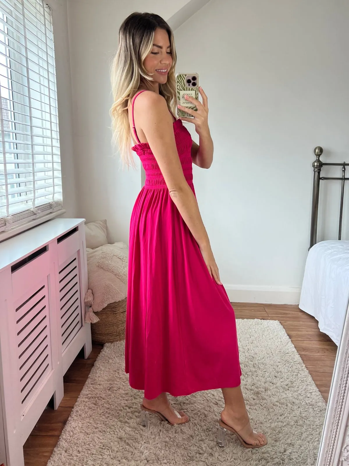 Effortless Mood Bold Simplicity Betty Jersey Shirred Midi Dress / Pink