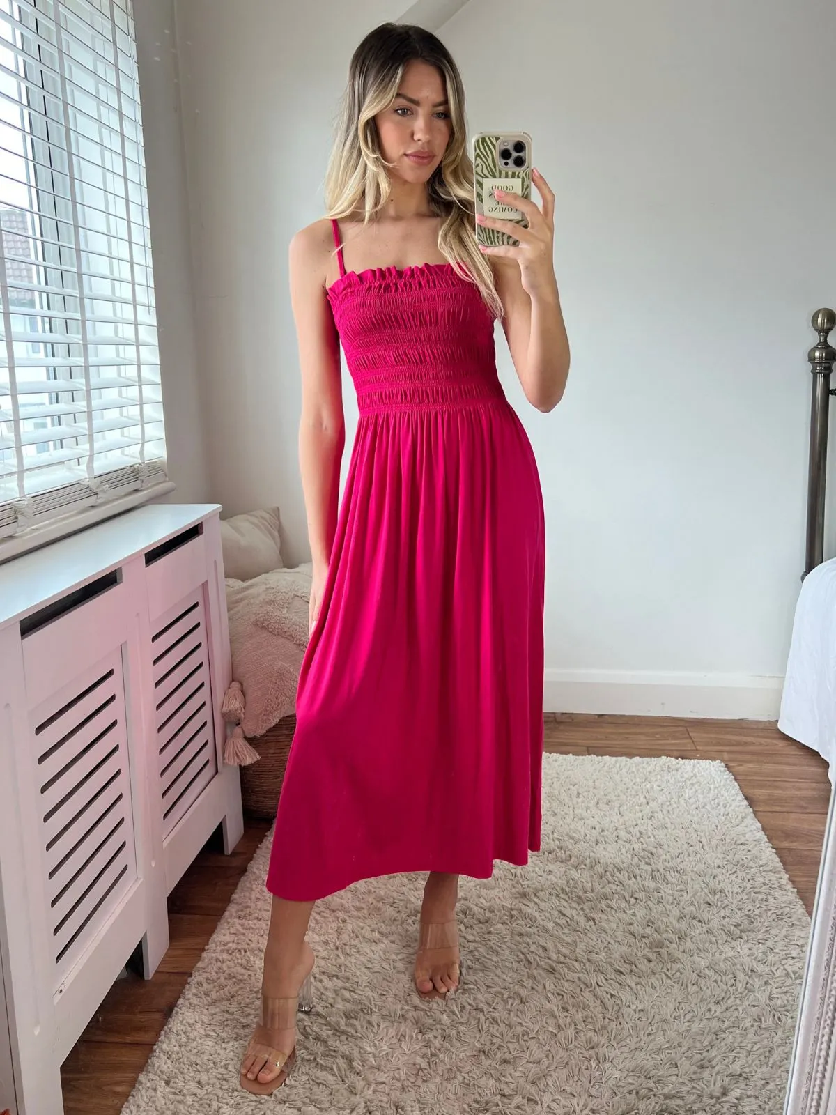 Betty Jersey Shirred Midi Dress / Pink Tiered-Skirt Summer Wardrobe
