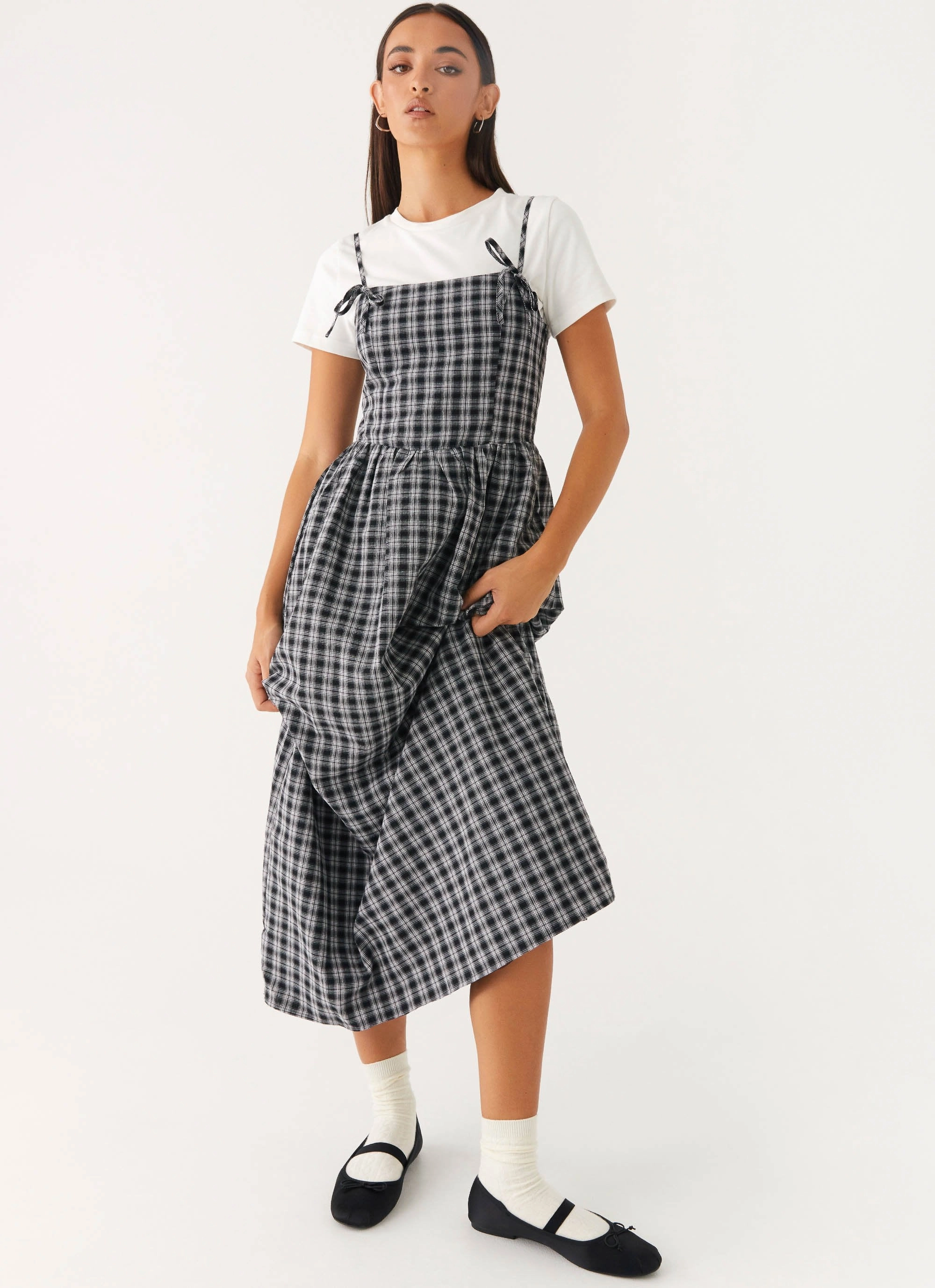 Comfort Mode Artistic Shape Ramsey Midi Dress - White Black Check