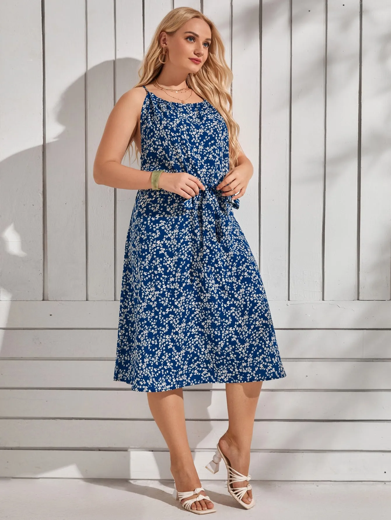 Boho Ditsy Floral Belted Sleeveless Spaghetti Strap Flared High Waist Midi Plus Size Dress