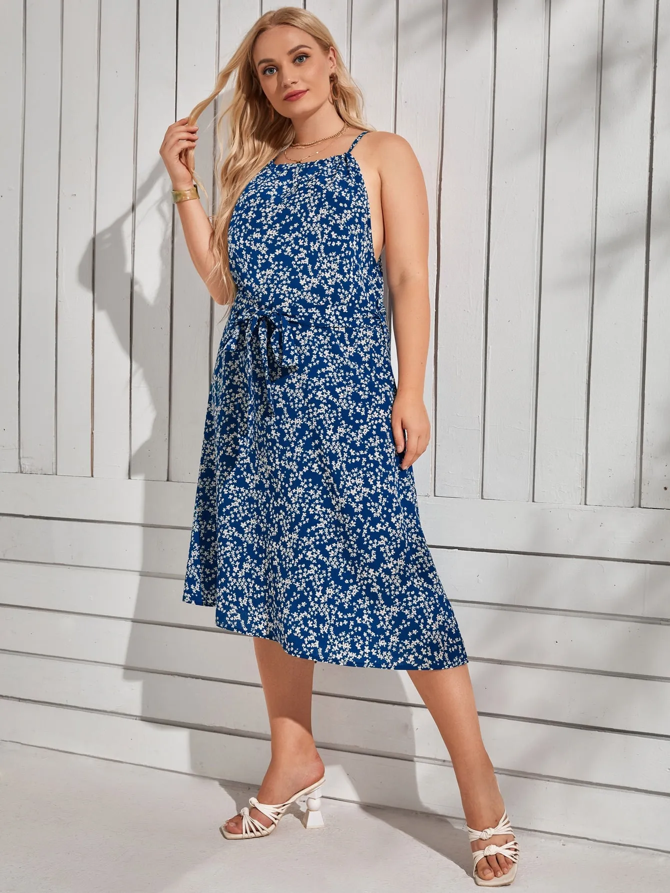 Boho Ditsy Floral Belted Sleeveless Spaghetti Strap Flared High Waist Midi Plus Size Dress