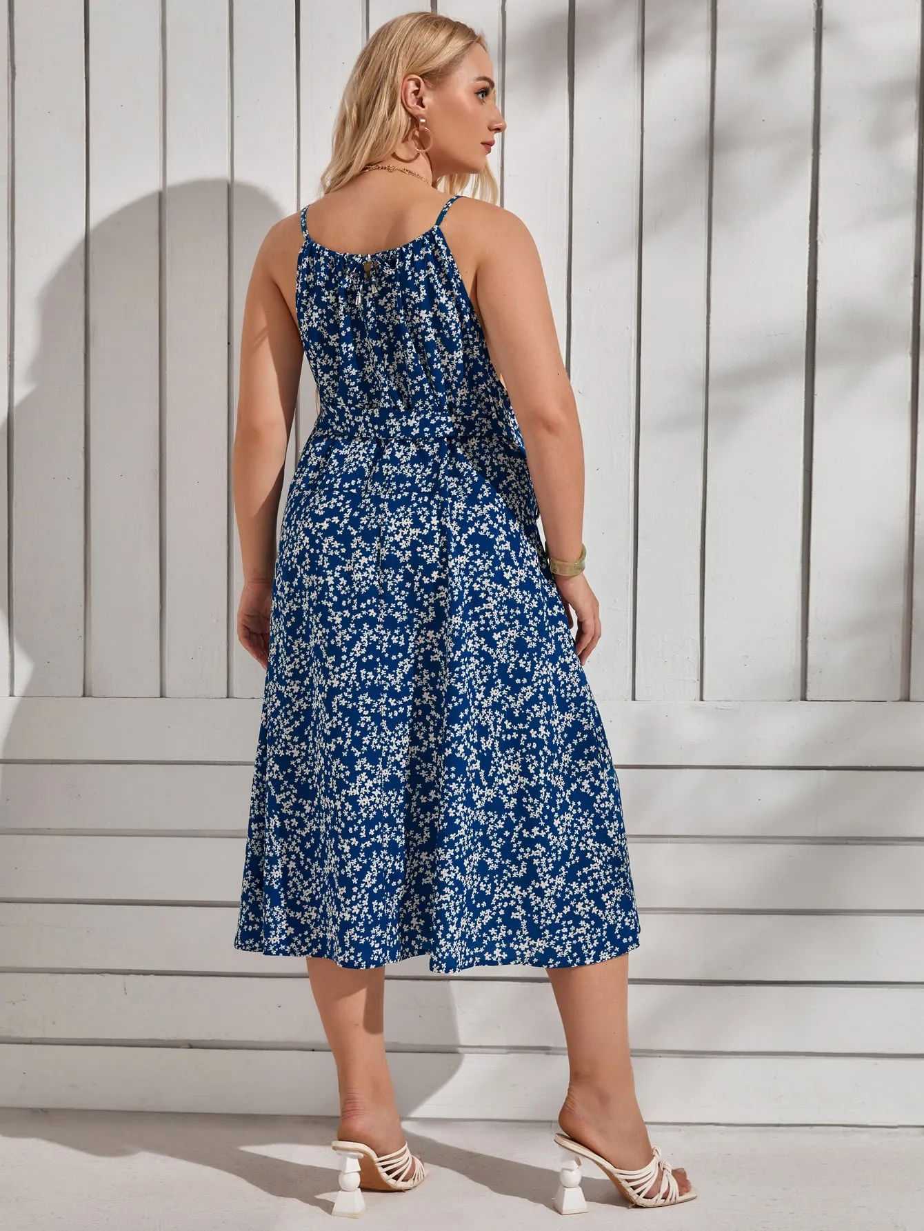 Boho Ditsy Floral Belted Sleeveless Spaghetti Strap Flared High Waist Midi Plus Size Dress