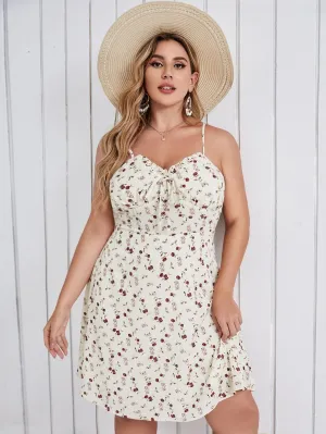 Boho Ditsy Floral Knot Sleeveless Spaghetti Strap Flared High Waist Short Plus Size Dress