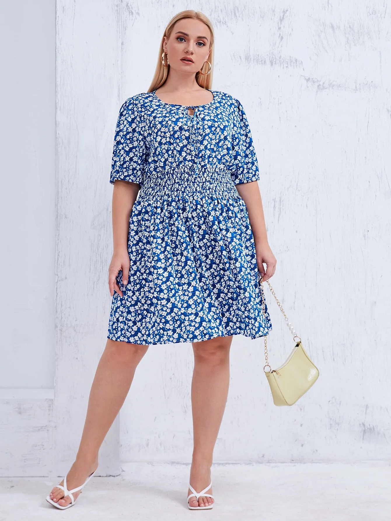 Boho Ditsy Floral Shirred Half Sleeve Tie Neck Semi-Sheer Flared High Waist Knee Length Plus Size Dress
