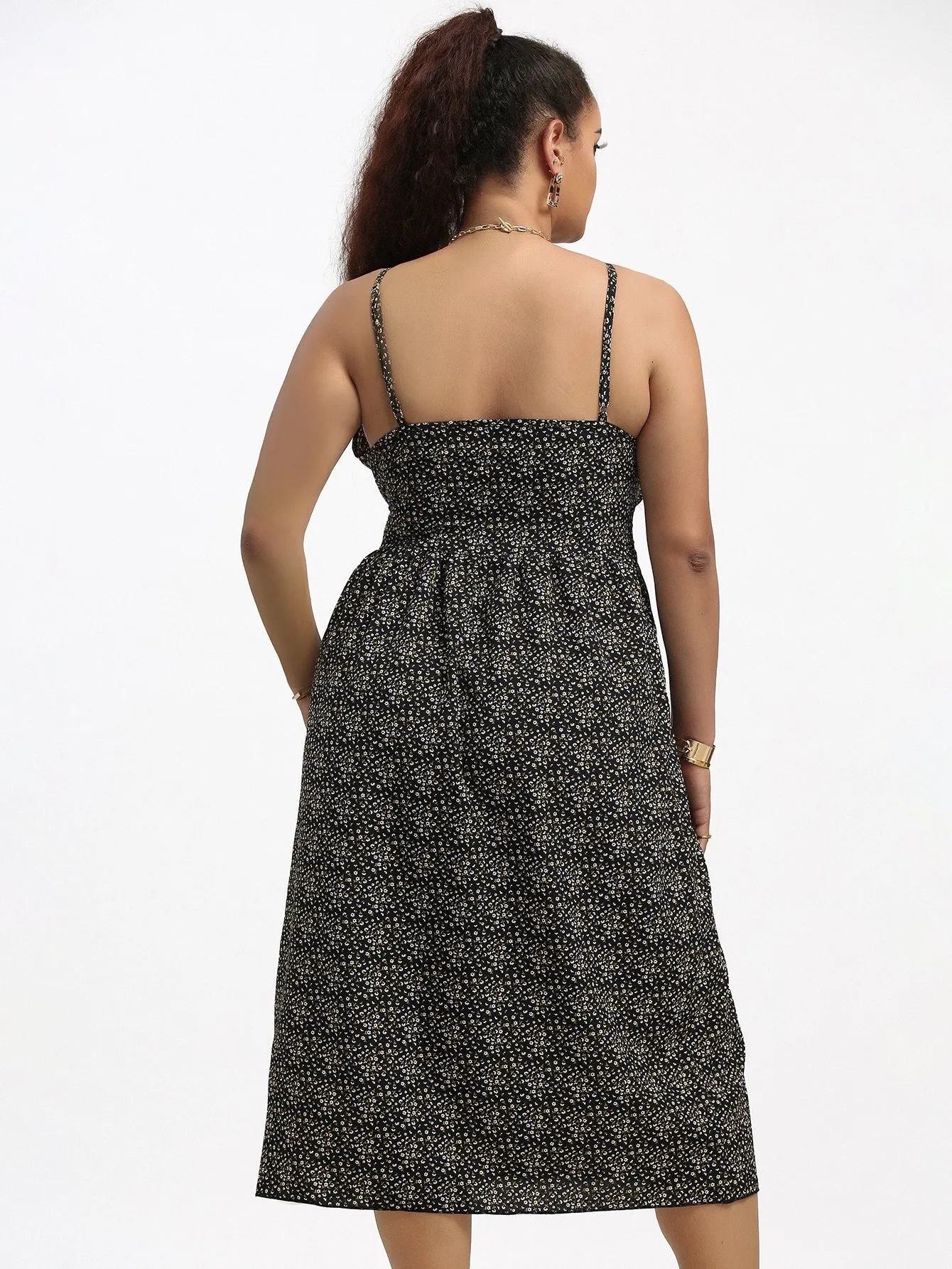 Boho Ditsy Floral Split Thigh Sleeveless Spaghetti Strap Slit Midi Plus Size Dress