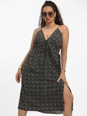 Boho Ditsy Floral Split Thigh Sleeveless Spaghetti Strap Slit Midi Plus Size Dress