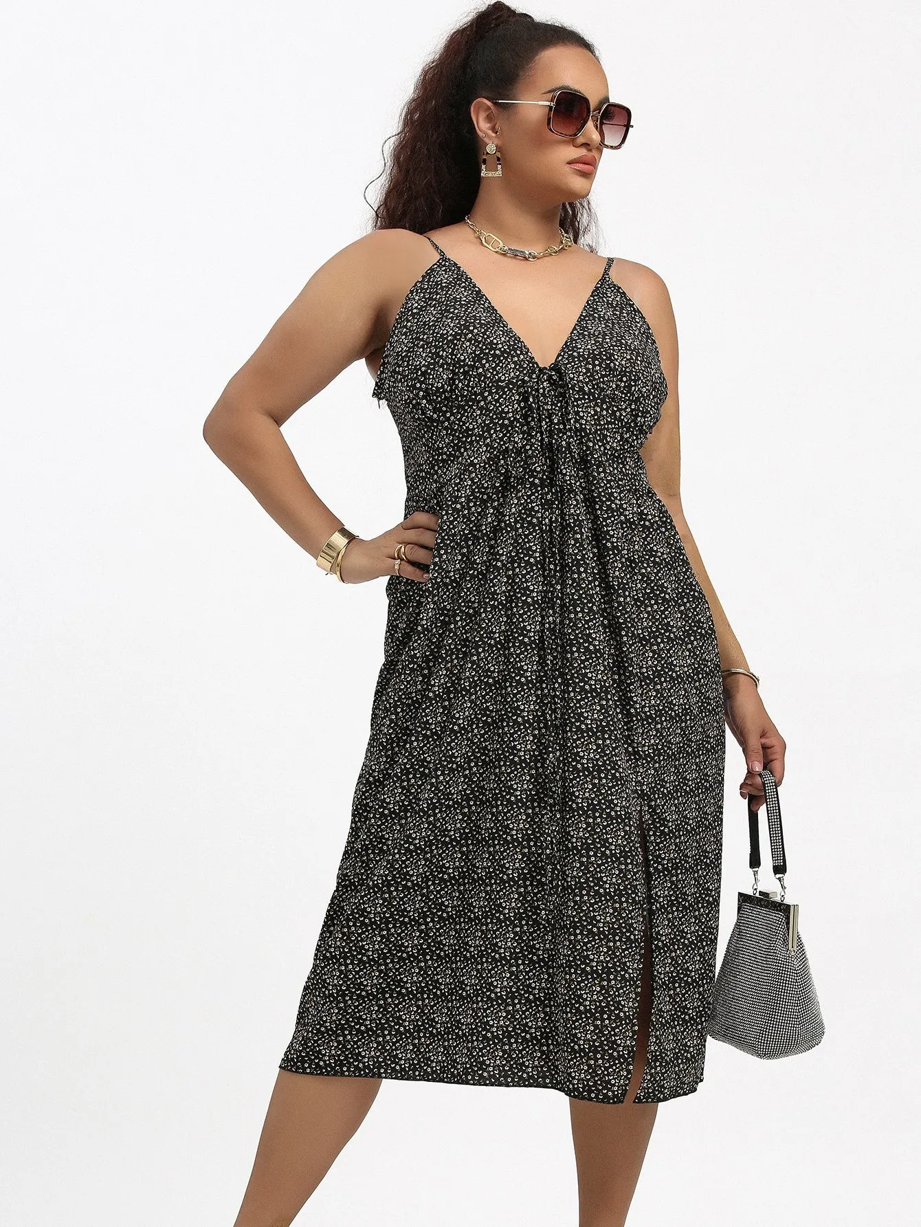 Boho Ditsy Floral Split Thigh Sleeveless Spaghetti Strap Slit Midi Plus Size Dress
