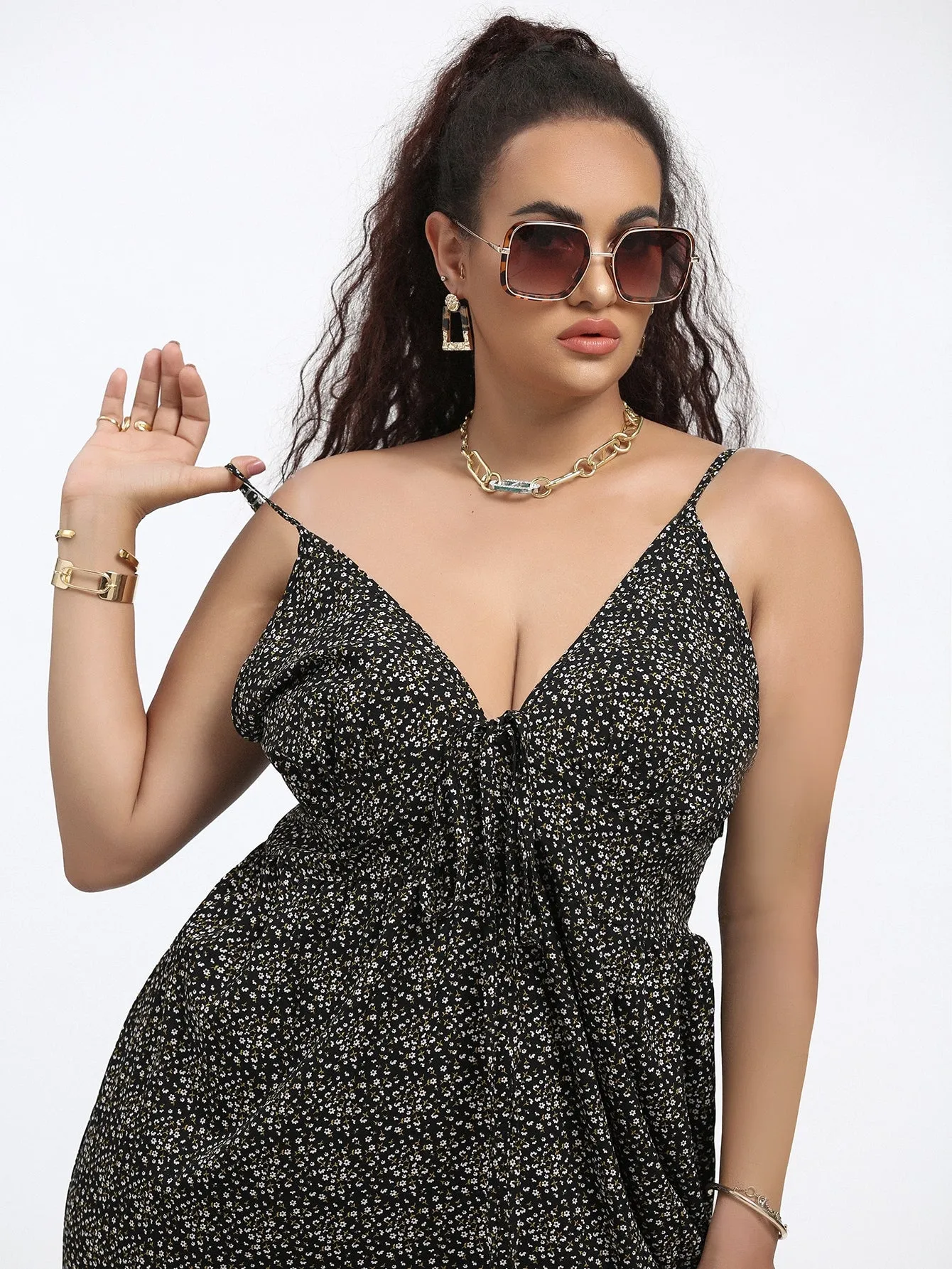 Boho Ditsy Floral Split Thigh Sleeveless Spaghetti Strap Slit Midi Plus Size Dress