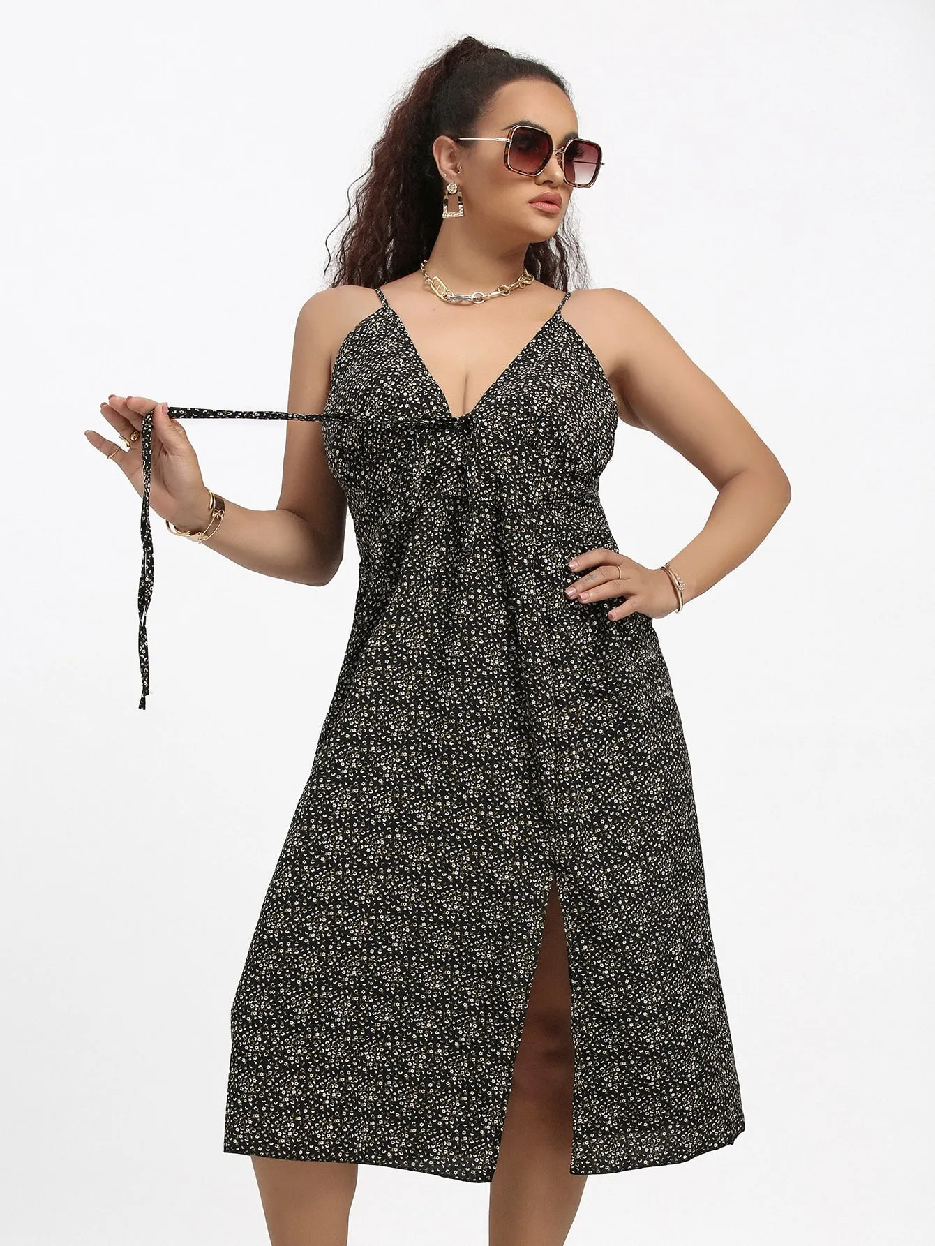 Boho Ditsy Floral Split Thigh Sleeveless Spaghetti Strap Slit Midi Plus Size Dress