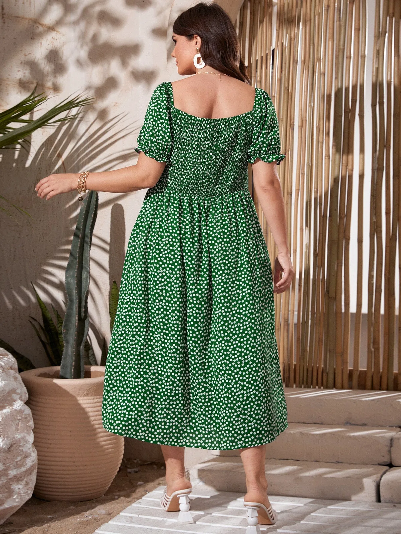 Boho Ditsy Floral Tie Front Short Sleeve Sweetheart Flared High Waist Long Plus Size Dress
