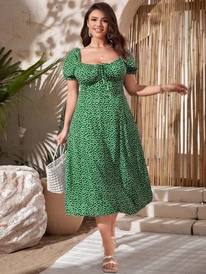 Boho Ditsy Floral Tie Front Short Sleeve Sweetheart Flared High Waist Long Plus Size Dress