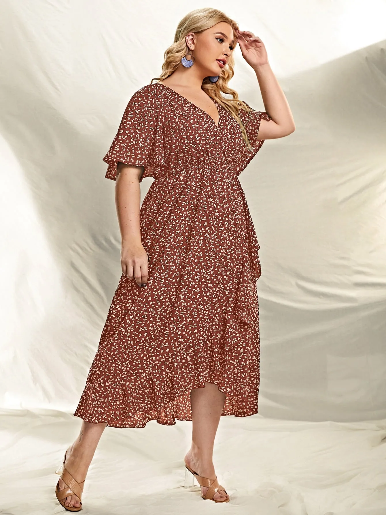 Boho Ditsy Floral Wrap Short Sleeve Deep V Neck Wrap High Waist Long Plus Dress