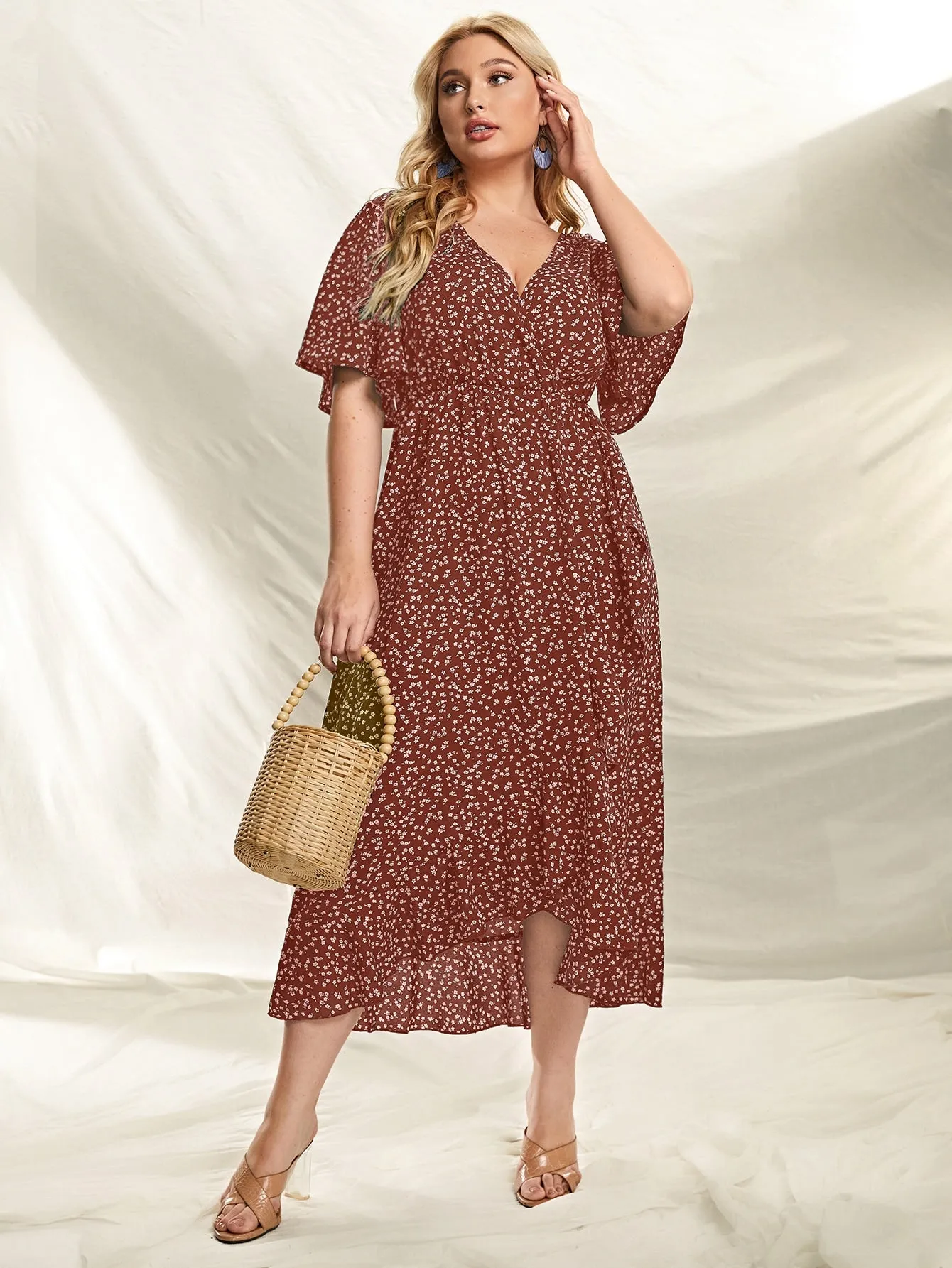 Boho Ditsy Floral Wrap Short Sleeve Deep V Neck Wrap High Waist Long Plus Dress