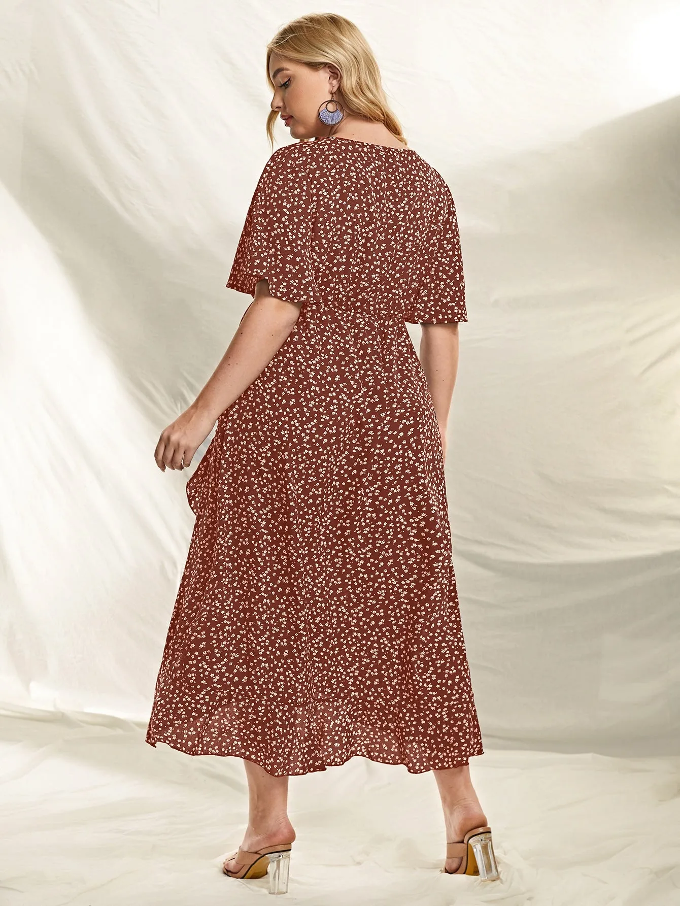 Boho Ditsy Floral Wrap Short Sleeve Deep V Neck Wrap High Waist Long Plus Dress