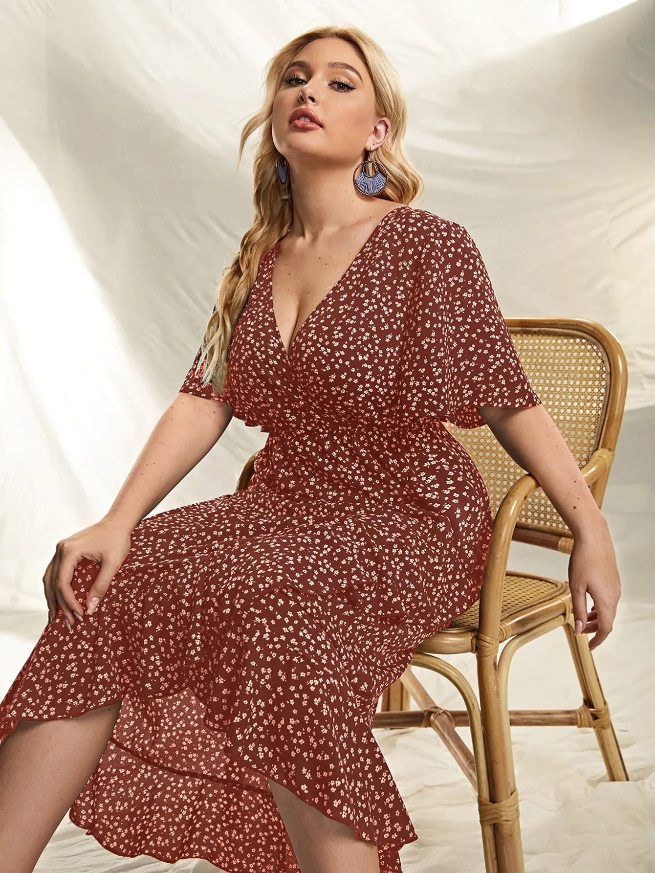 Boho Ditsy Floral Wrap Short Sleeve Deep V Neck Wrap High Waist Long Plus Dress