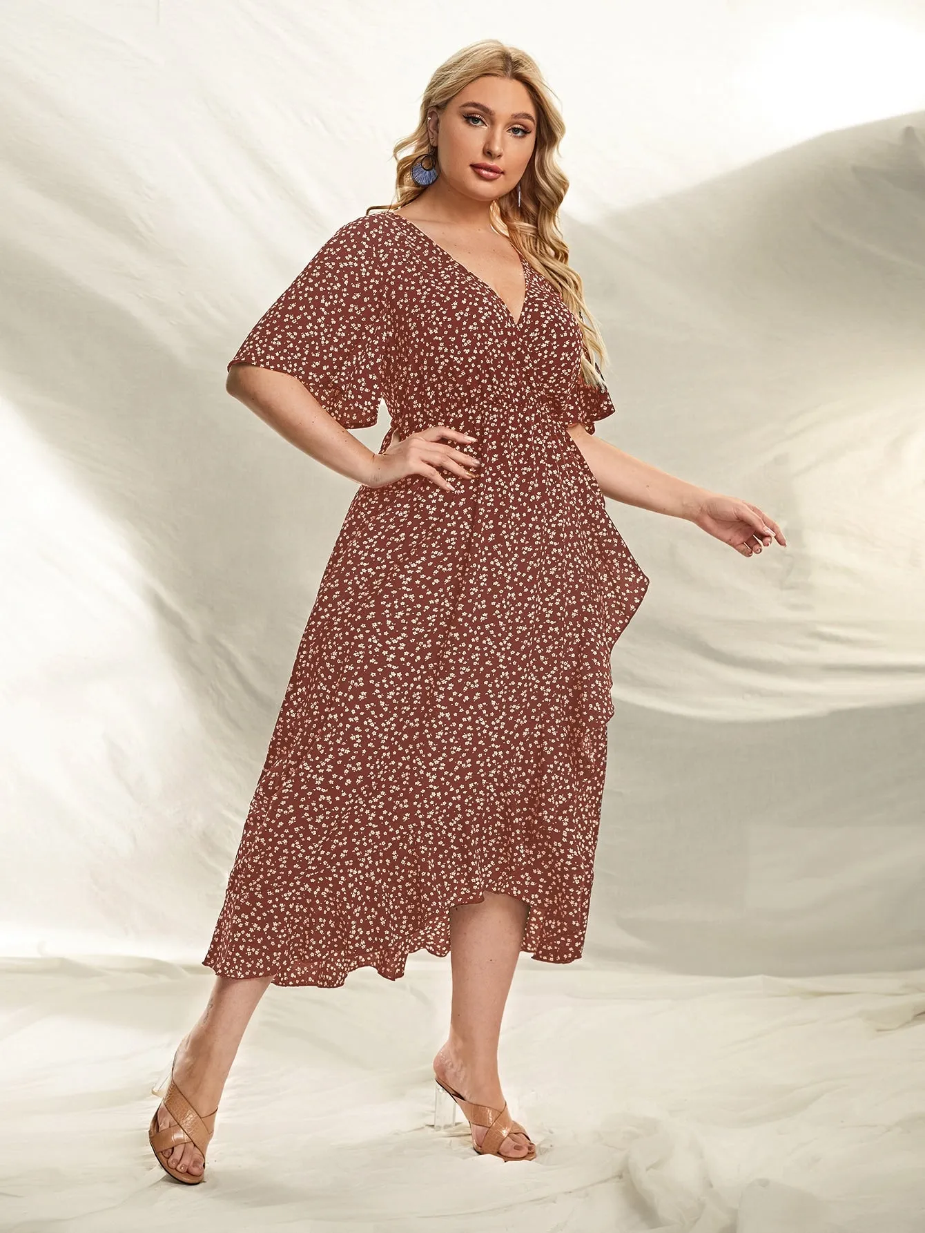 Boho Ditsy Floral Wrap Short Sleeve Deep V Neck Wrap High Waist Long Plus Dress