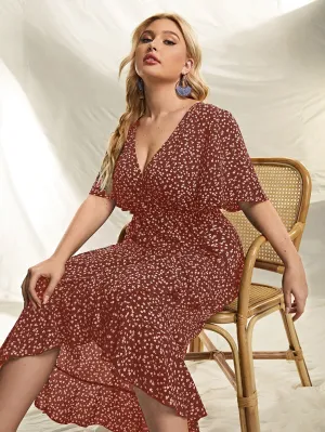 Boho Ditsy Floral Wrap Short Sleeve Deep V Neck Wrap High Waist Long Plus Dress