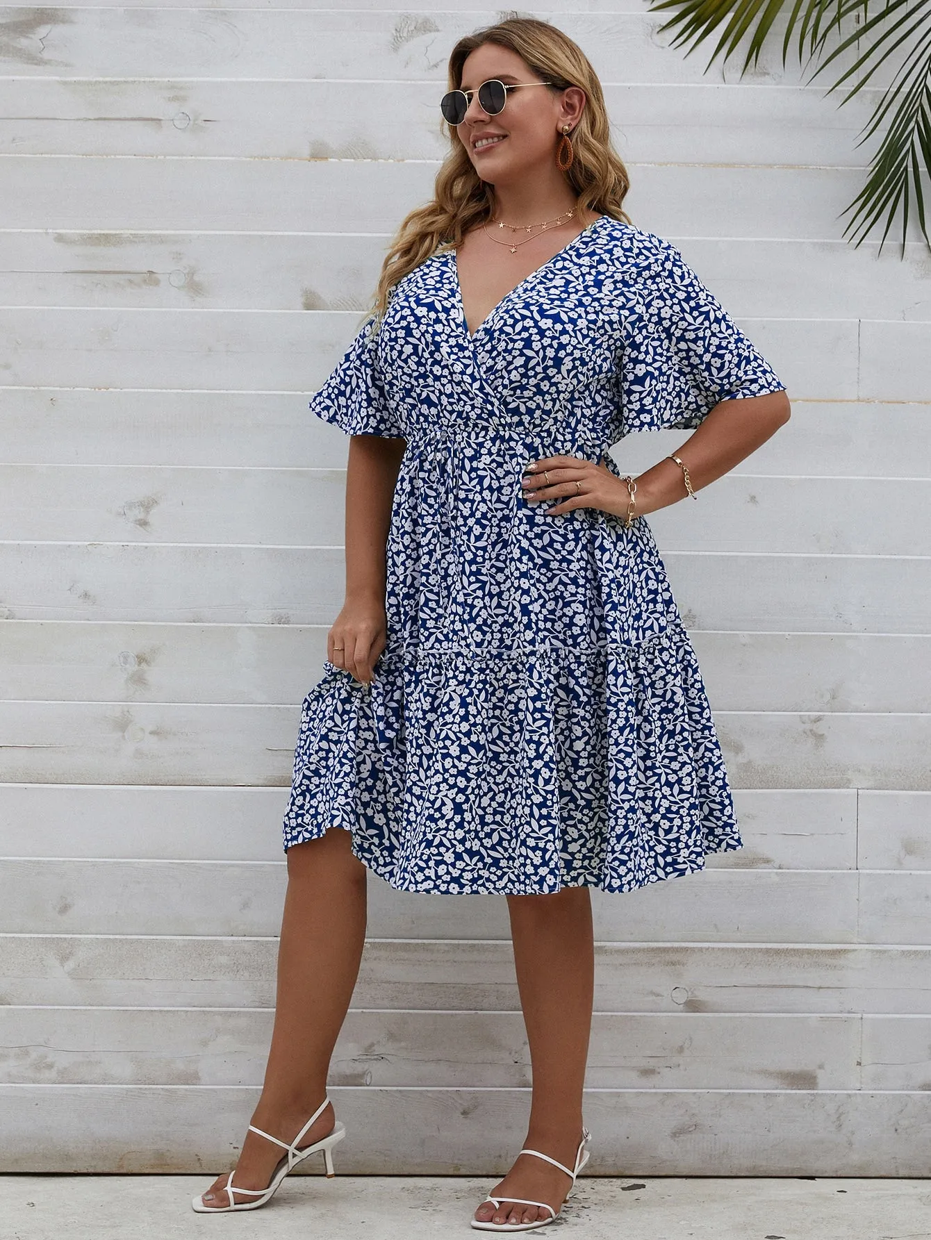 Boho Ditsy Floral Wrap Short Sleeve V Neck Flounce High Waist Midi Plus Size Dress