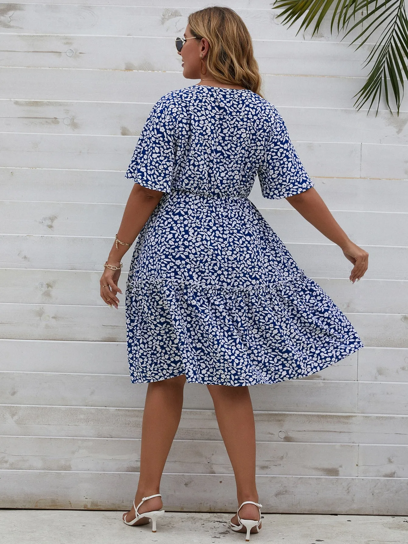 Boho Ditsy Floral Wrap Short Sleeve V Neck Flounce High Waist Midi Plus Size Dress